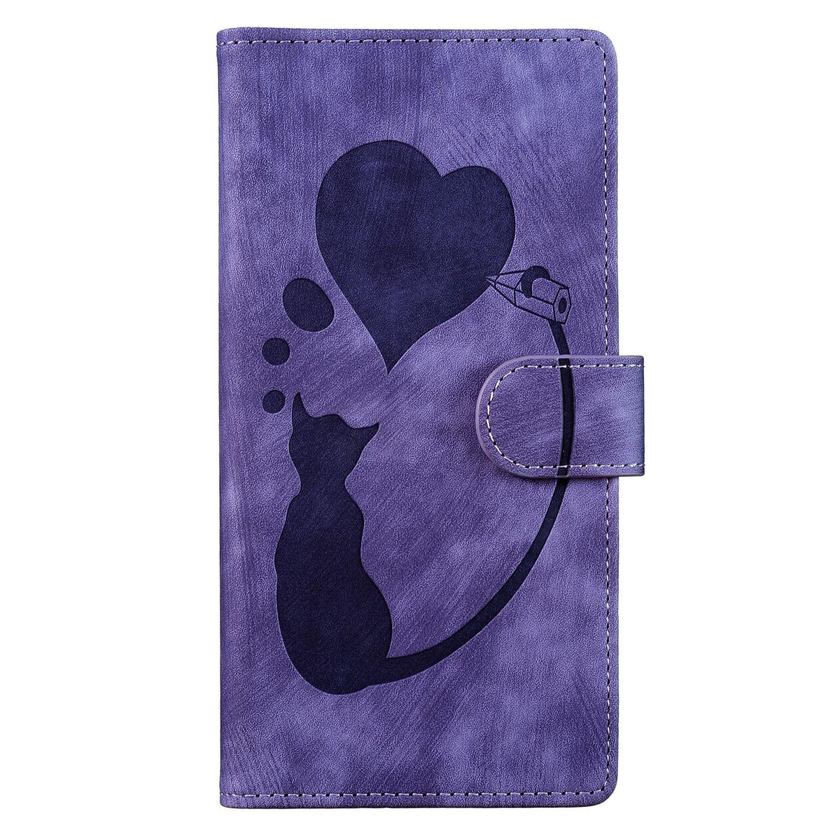 Compatible with iPhone 18 Pro Max & 17 Pro Max Pen Heart Cat Embossed Leather Phone Case - Purple