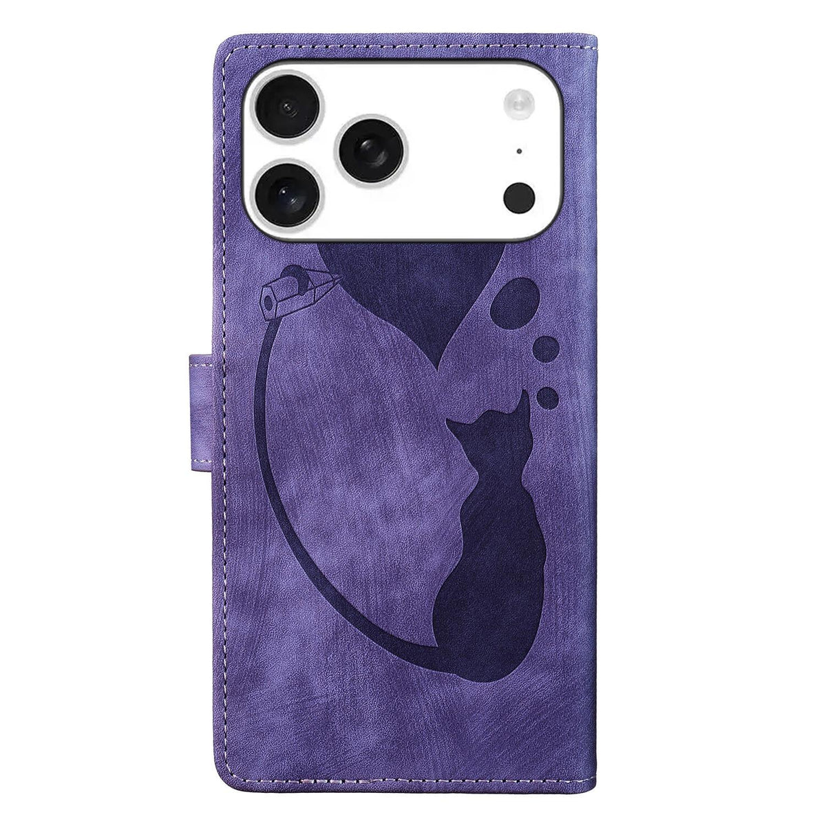 Compatible with iPhone 18 Pro Max & 17 Pro Max Pen Heart Cat Embossed Leather Phone Case - Purple