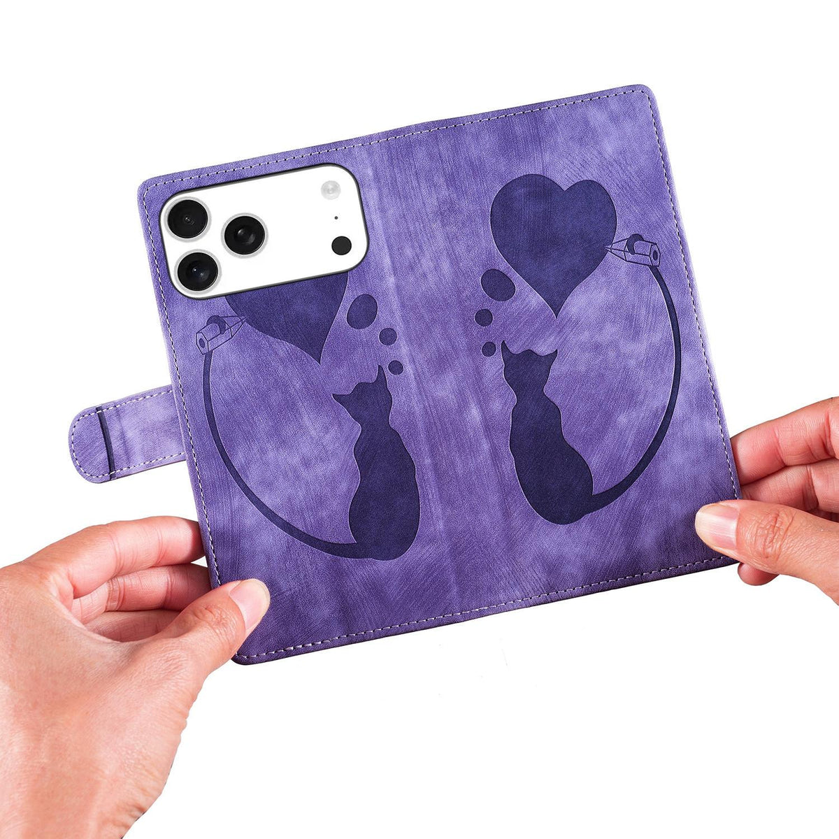Compatible with iPhone 18 Pro Max & 17 Pro Max Pen Heart Cat Embossed Leather Phone Case - Purple