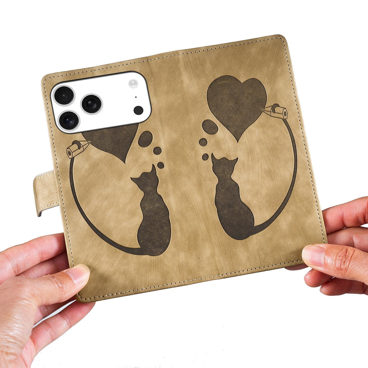Compatible with iPhone 18 Pro Max & 17 Pro Max Pen Heart Cat Embossed Leather Phone Case - Apricot