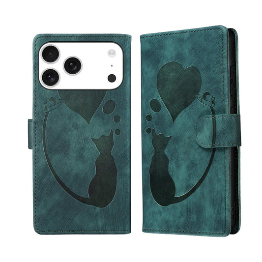 Compatible with iPhone 18 Pro Max & 17 Pro Max Pen Heart Cat Embossed Leather Phone Case - Green