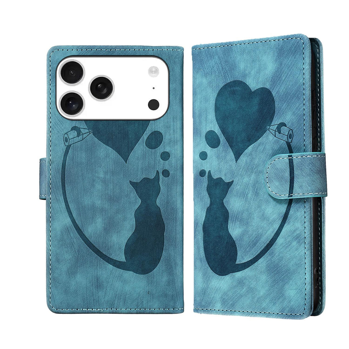 Compatible with iPhone 18 Pro Max & 17 Pro Max Pen Heart Cat Embossed Leather Phone Case - Blue