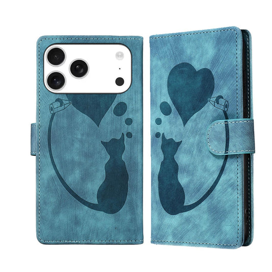 Compatible with iPhone 18 Pro Max & 17 Pro Max Pen Heart Cat Embossed Leather Phone Case - Blue
