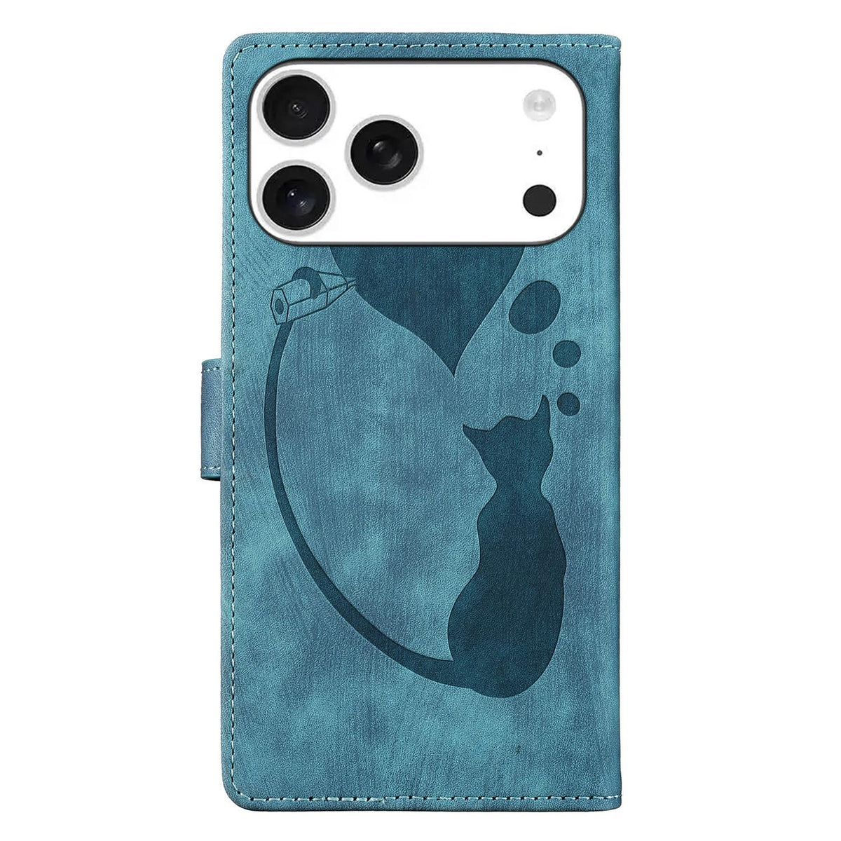 Compatible with iPhone 18 Pro Max & 17 Pro Max Pen Heart Cat Embossed Leather Phone Case - Blue
