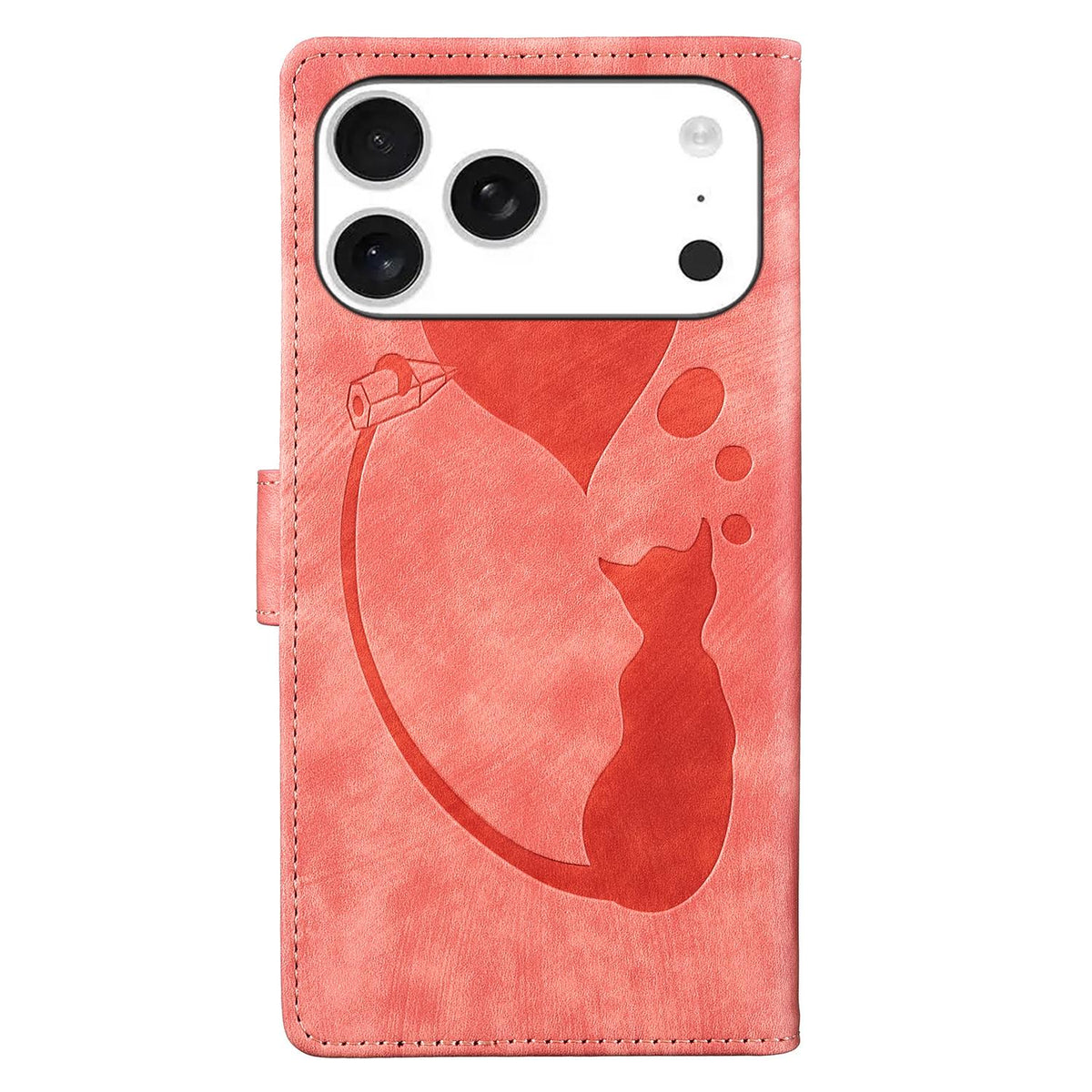 Compatible with iPhone 18 Pro & 17 Pro Pen Heart Cat Embossed Leather Phone Case - Orange