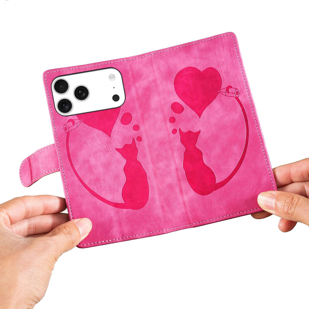 Compatible with iPhone 18 Pro & 17 Pro Pen Heart Cat Embossed Leather Phone Case - Pink