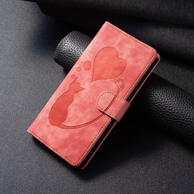 For Samsung Galaxy S24 5G Pen Heart Cat Embossed Leather Phone Case(Orange)