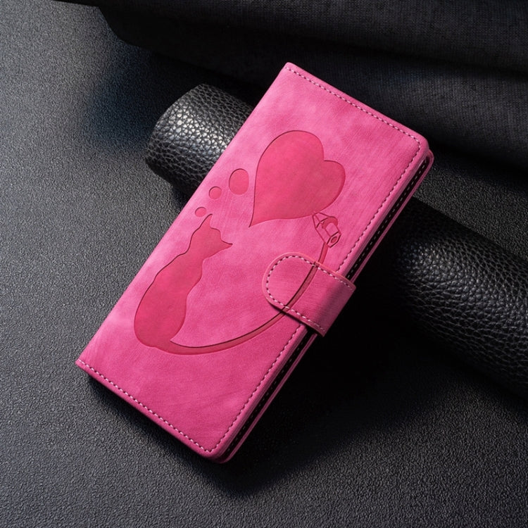For Samsung Galaxy S24 5G Pen Heart Cat Embossed Leather Phone Case(Pink)