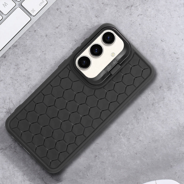 For Samsung Galaxy S24 5G Honeycomb Radiating Holder TPU Phone Case with Lanyard(Black)