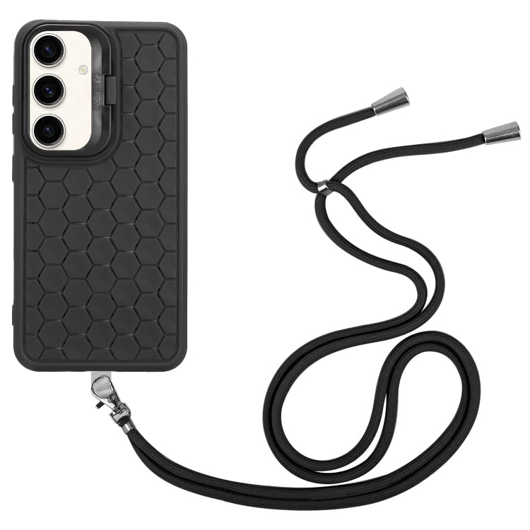For Samsung Galaxy S24 5G Honeycomb Radiating Holder TPU Phone Case with Lanyard(Black)