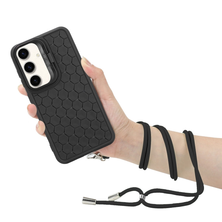 For Samsung Galaxy S24 5G Honeycomb Radiating Holder TPU Phone Case with Lanyard(Black)