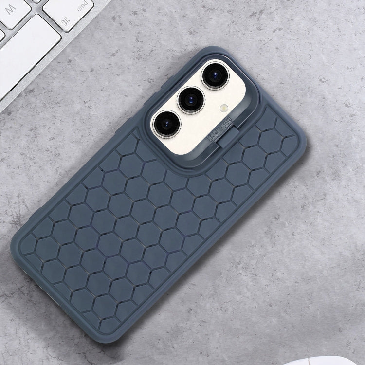 For Samsung Galaxy S24 5G Honeycomb Radiating Holder TPU Phone Case with Lanyard(Blue)