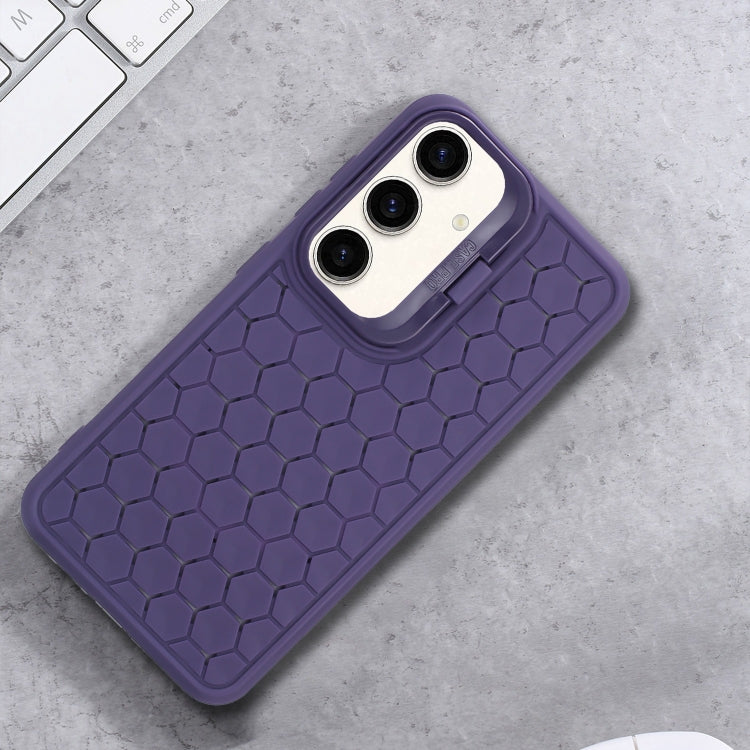 For Samsung Galaxy S24 5G Honeycomb Radiating Holder TPU Phone Case with Lanyard(Purple)