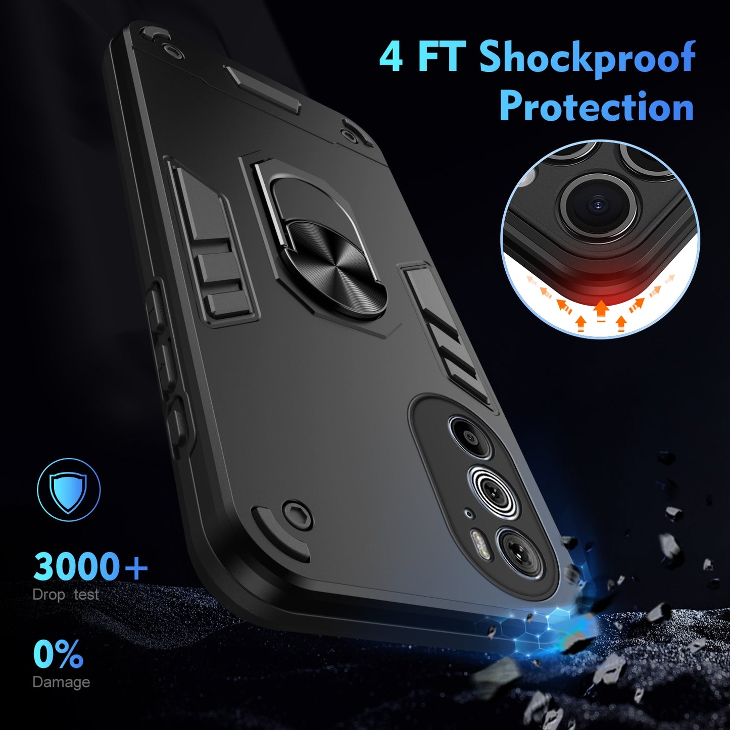 For Motorola Edge 30 Pro Shockproof Metal Ring Holder Phone Case(Black)