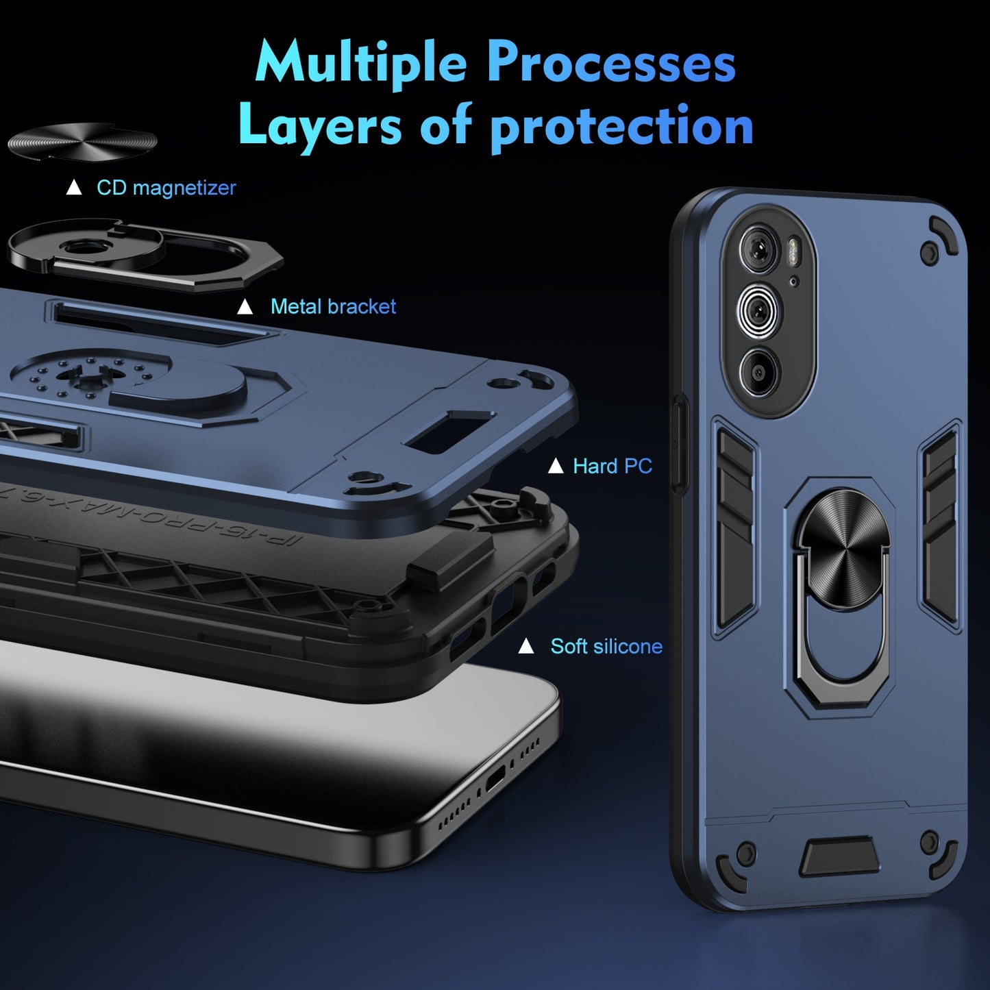 For Motorola Edge 30 Pro Shockproof Metal Ring Holder Phone Case(Blue)