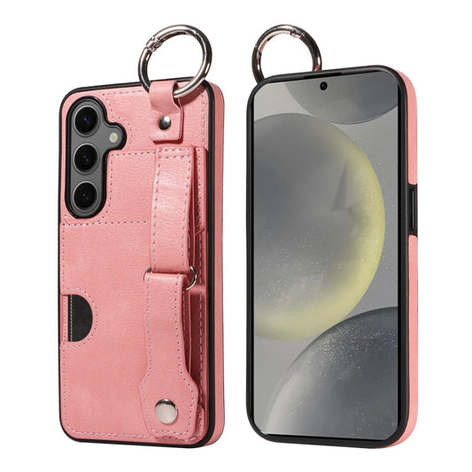 For Samsung Galaxy S24 5G Calf Texture Wrist Card Slot Ring Phone Case(Pink)