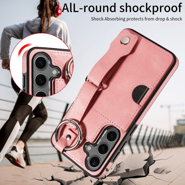 For Samsung Galaxy S24 5G Calf Texture Wrist Card Slot Ring Phone Case(Pink)