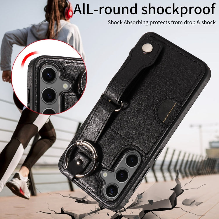 For Samsung Galaxy S24 5G Calf Texture Wrist Card Slot Ring Phone Case(Black)