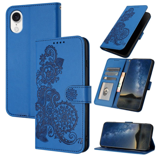 For iPhone 16e Datura Flower Embossed Flip Leather Phone Case(Blue)
