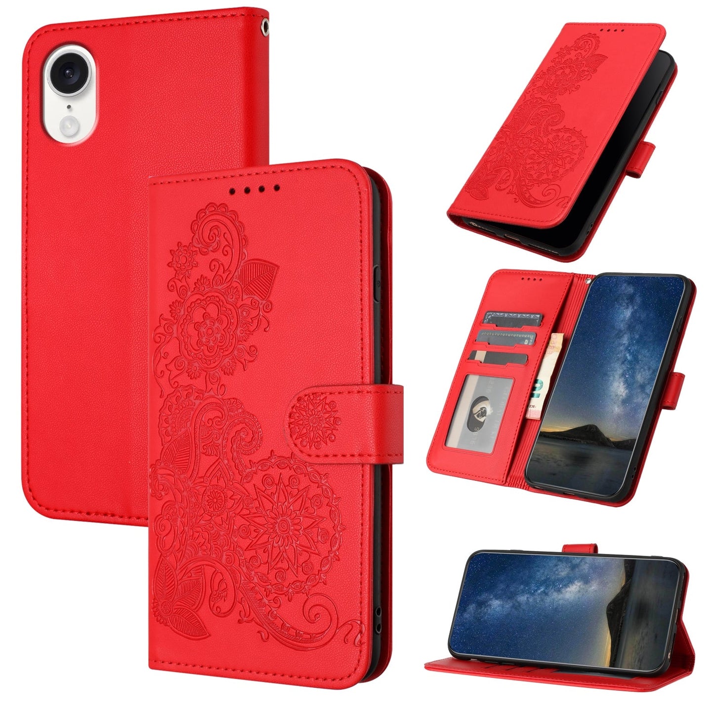 For iPhone 16e Datura Flower Embossed Flip Leather Phone Case(Red)