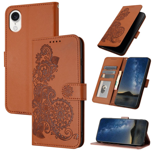 For iPhone 16e Datura Flower Embossed Flip Leather Phone Case(Brown)