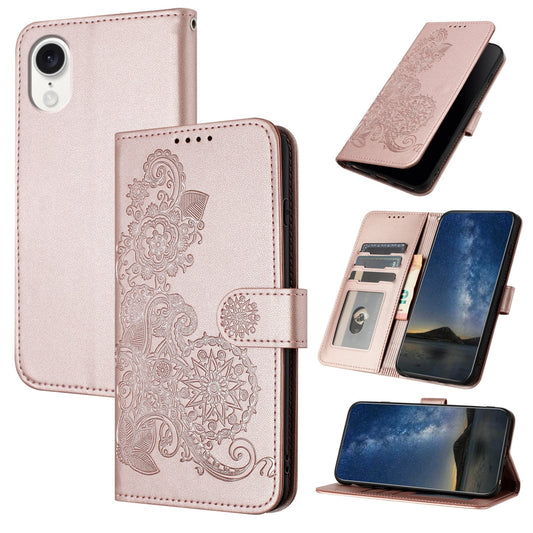 For iPhone 16e Datura Flower Embossed Flip Leather Phone Case(Rose Gold)