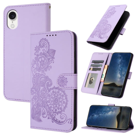 For iPhone 16e Datura Flower Embossed Flip Leather Phone Case(Purple)