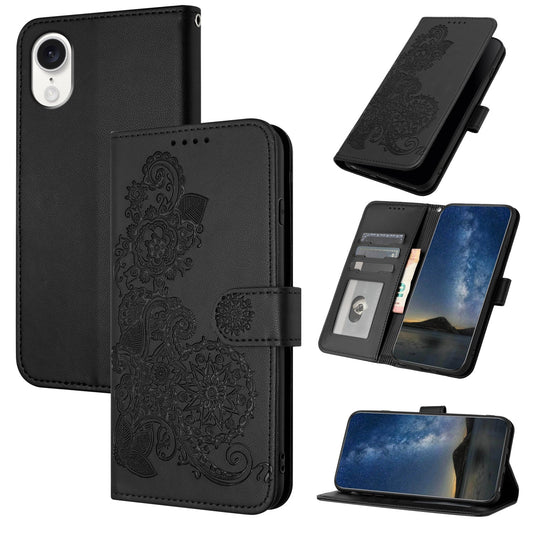 For iPhone 16e Datura Flower Embossed Flip Leather Phone Case(Black)
