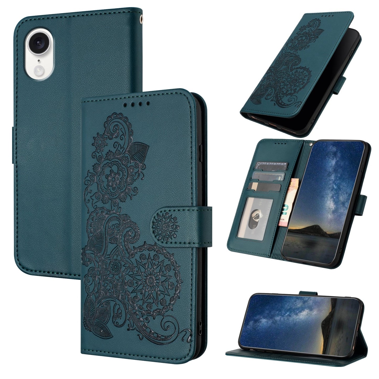 For iPhone 16e Datura Flower Embossed Flip Leather Phone Case(Dark Green)