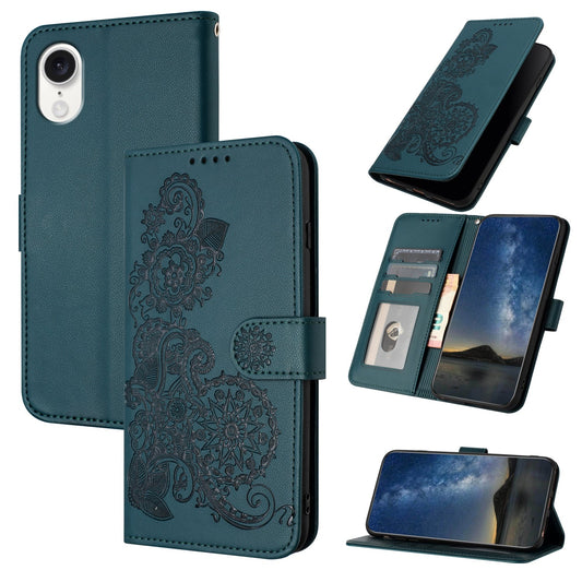 For iPhone 16e Datura Flower Embossed Flip Leather Phone Case(Dark Green)