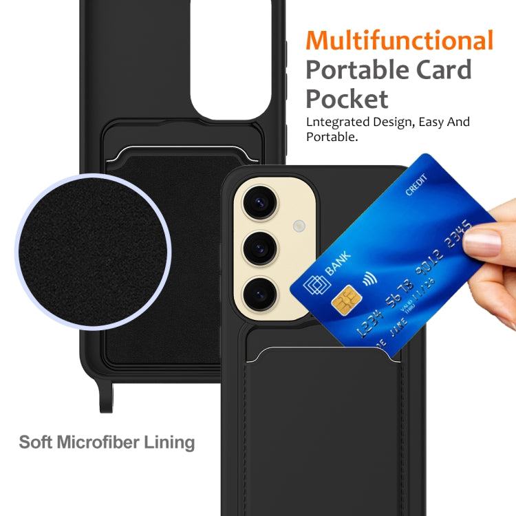 For Samsung Galaxy S24 5G Integrated Card Bag Solid Color Liquid Silicone Phone Case with Lanyard(Black)