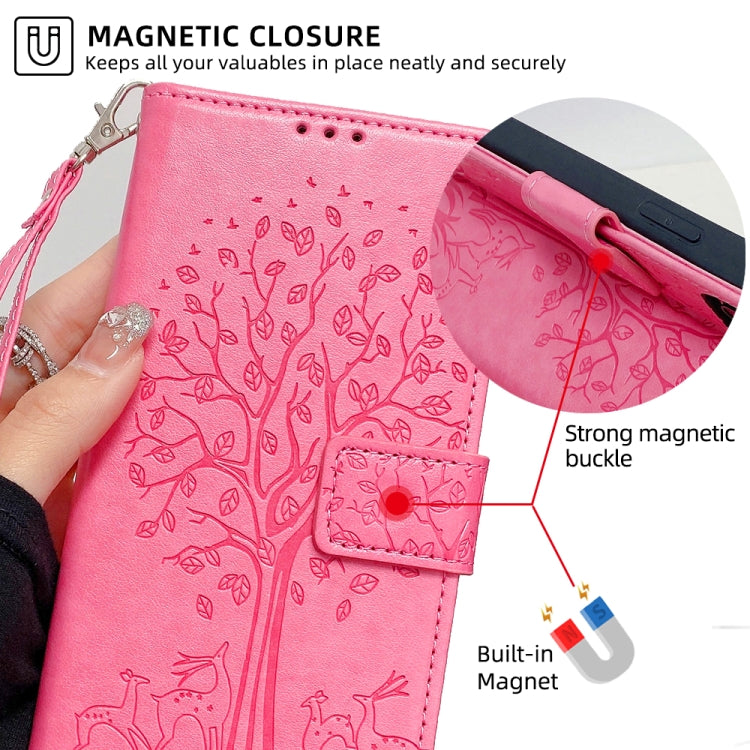 For Honor X50i 5G Tree & Deer Embossed Leather Phone Case(Pink)