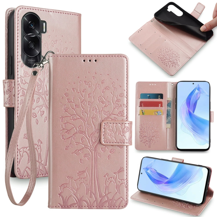 For Honor X50i 5G Tree & Deer Embossed Leather Phone Case(Rose Gold)
