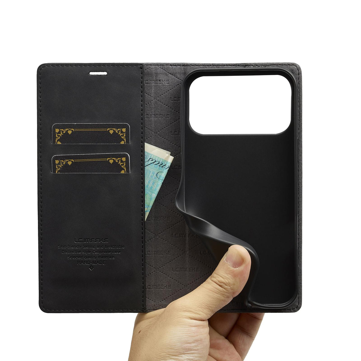 Compatible with iPhone 18 Pro Max & 17 Pro Max LC.IMEEKE Strong Magnetism Microfiber Leather Phone Case - Black