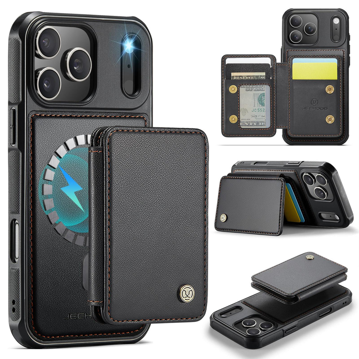 Compatible with iPhone 18 Pro Max JEEHOOD J05 Business Magnetic Style RFID Leather Phone Case - Black
