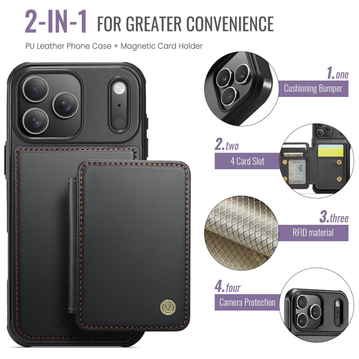 Compatible with iPhone 18 Pro Max JEEHOOD J05 Business Magnetic Style RFID Leather Phone Case - Black