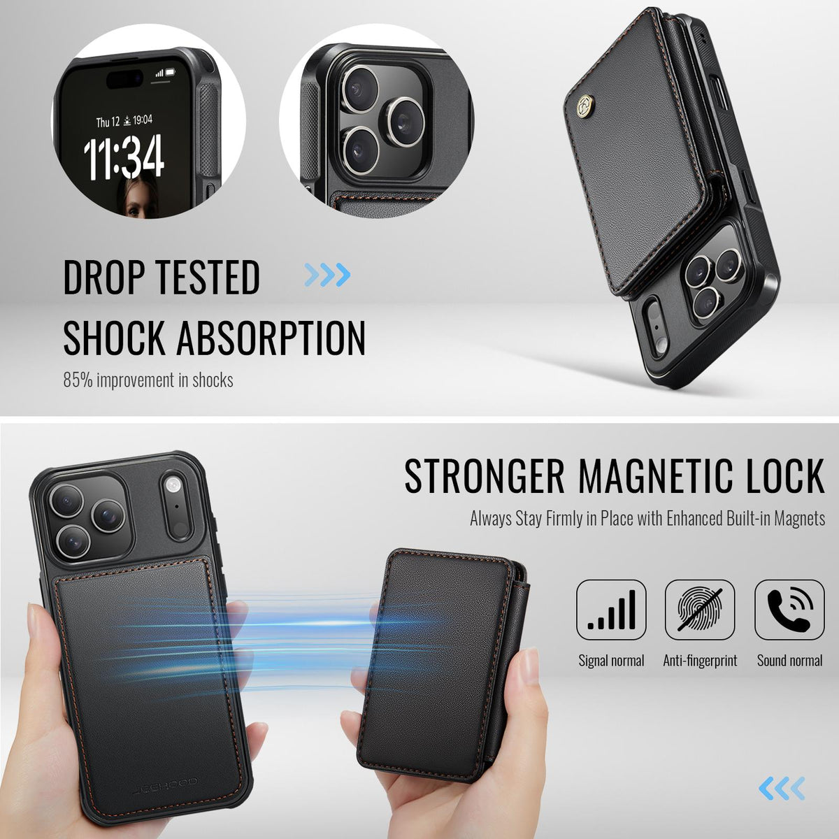 Compatible with iPhone 18 Pro Max JEEHOOD J05 Business Magnetic Style RFID Leather Phone Case - Black