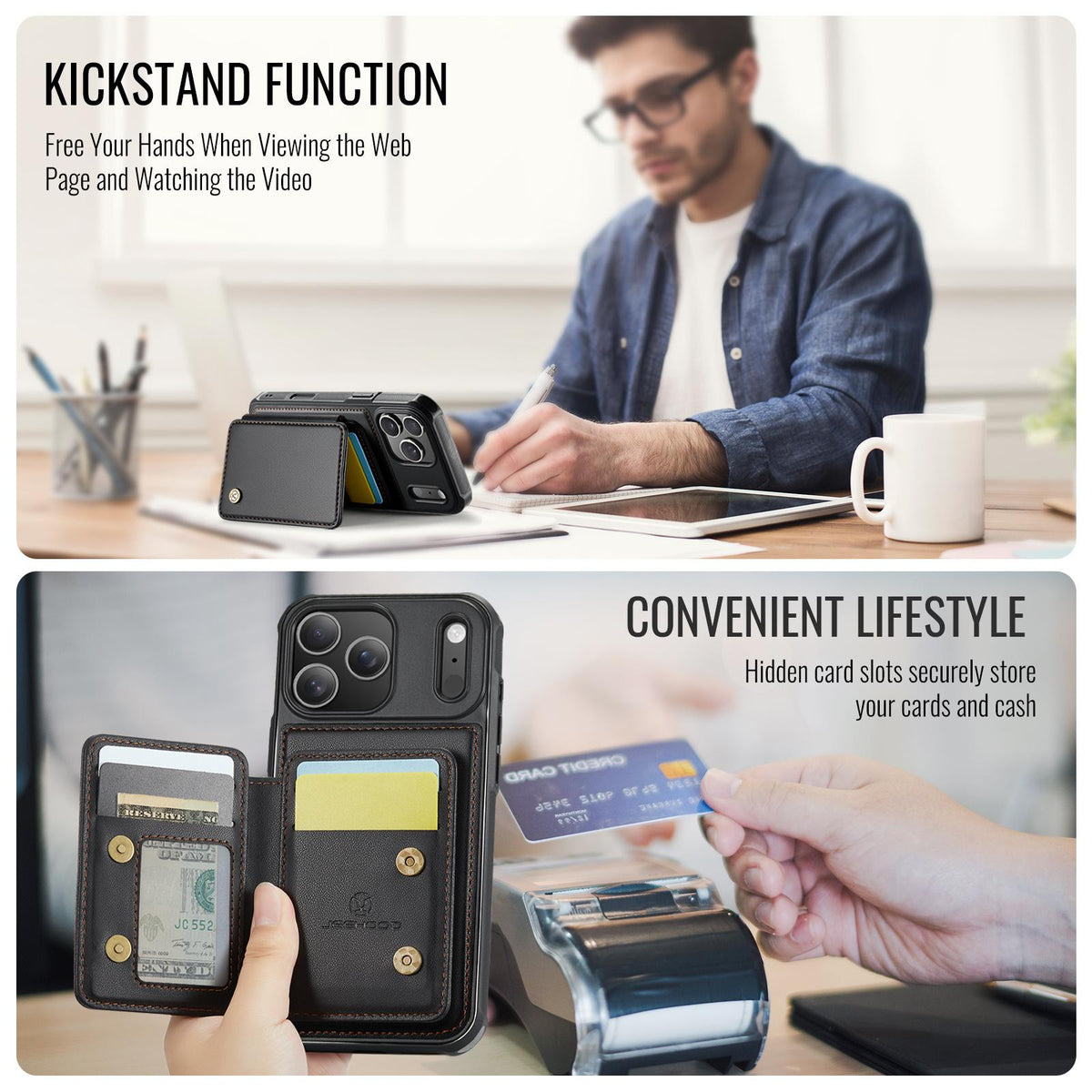 Compatible with iPhone 18 Pro Max JEEHOOD J05 Business Magnetic Style RFID Leather Phone Case - Black