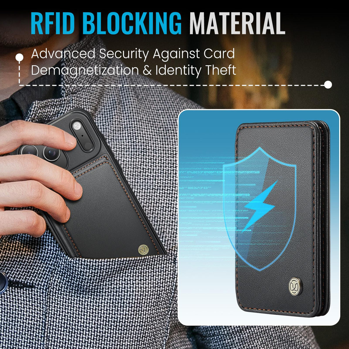 Compatible with iPhone 18 Pro Max JEEHOOD J05 Business Magnetic Style RFID Leather Phone Case - Black
