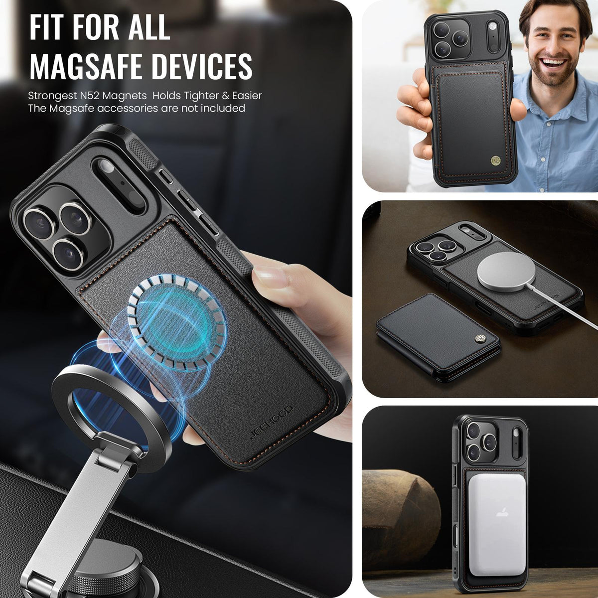 Compatible with iPhone 18 Pro Max JEEHOOD J05 Business Magnetic Style RFID Leather Phone Case - Black