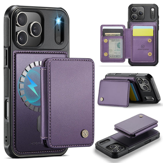 Compatible with iPhone 18 Pro Max JEEHOOD J05 Business Magnetic Style RFID Leather Phone Case - Purple