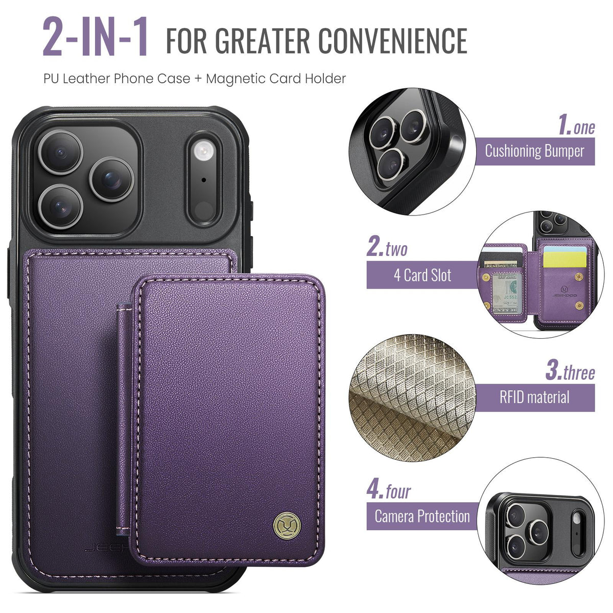 Compatible with iPhone 18 Pro Max JEEHOOD J05 Business Magnetic Style RFID Leather Phone Case - Purple