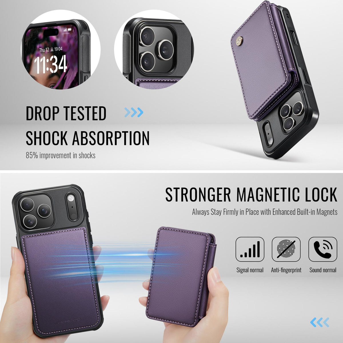 Compatible with iPhone 18 Pro Max JEEHOOD J05 Business Magnetic Style RFID Leather Phone Case - Purple