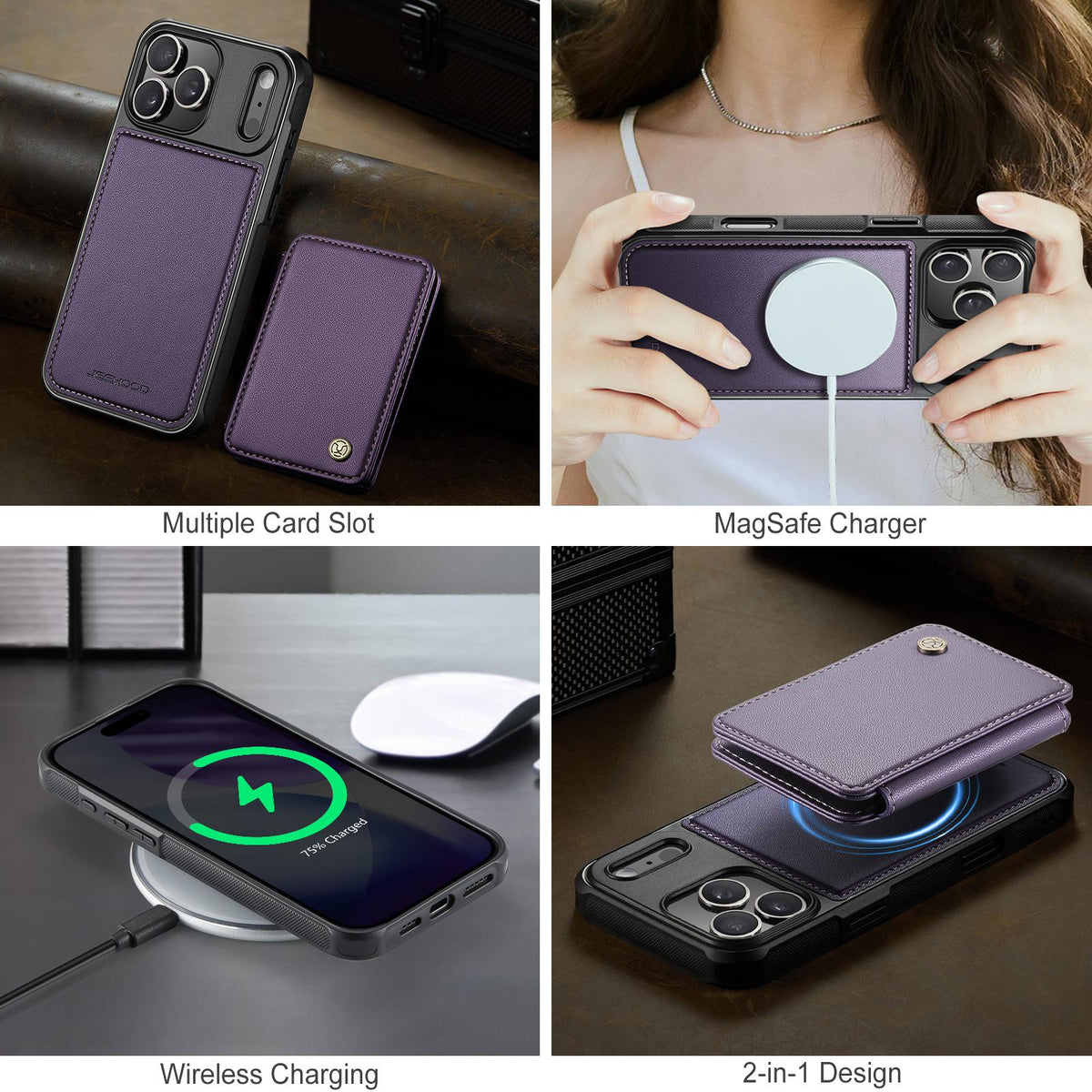 Compatible with iPhone 18 Pro Max JEEHOOD J05 Business Magnetic Style RFID Leather Phone Case - Purple