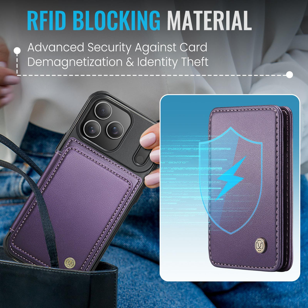 Compatible with iPhone 18 Pro Max JEEHOOD J05 Business Magnetic Style RFID Leather Phone Case - Purple