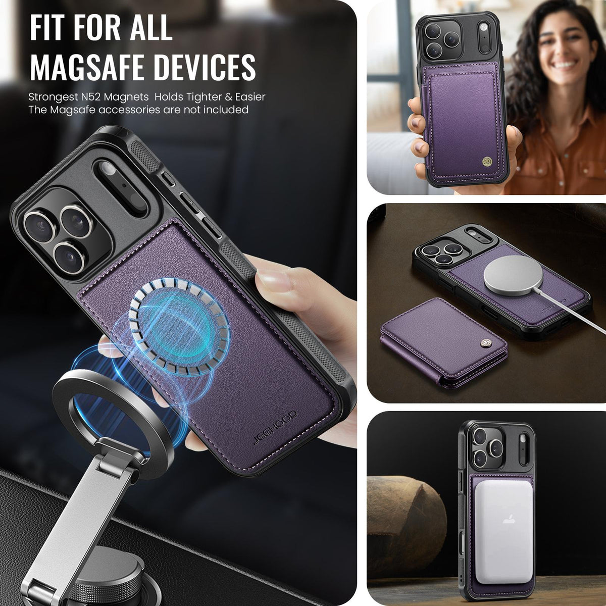 Compatible with iPhone 18 Pro Max JEEHOOD J05 Business Magnetic Style RFID Leather Phone Case - Purple