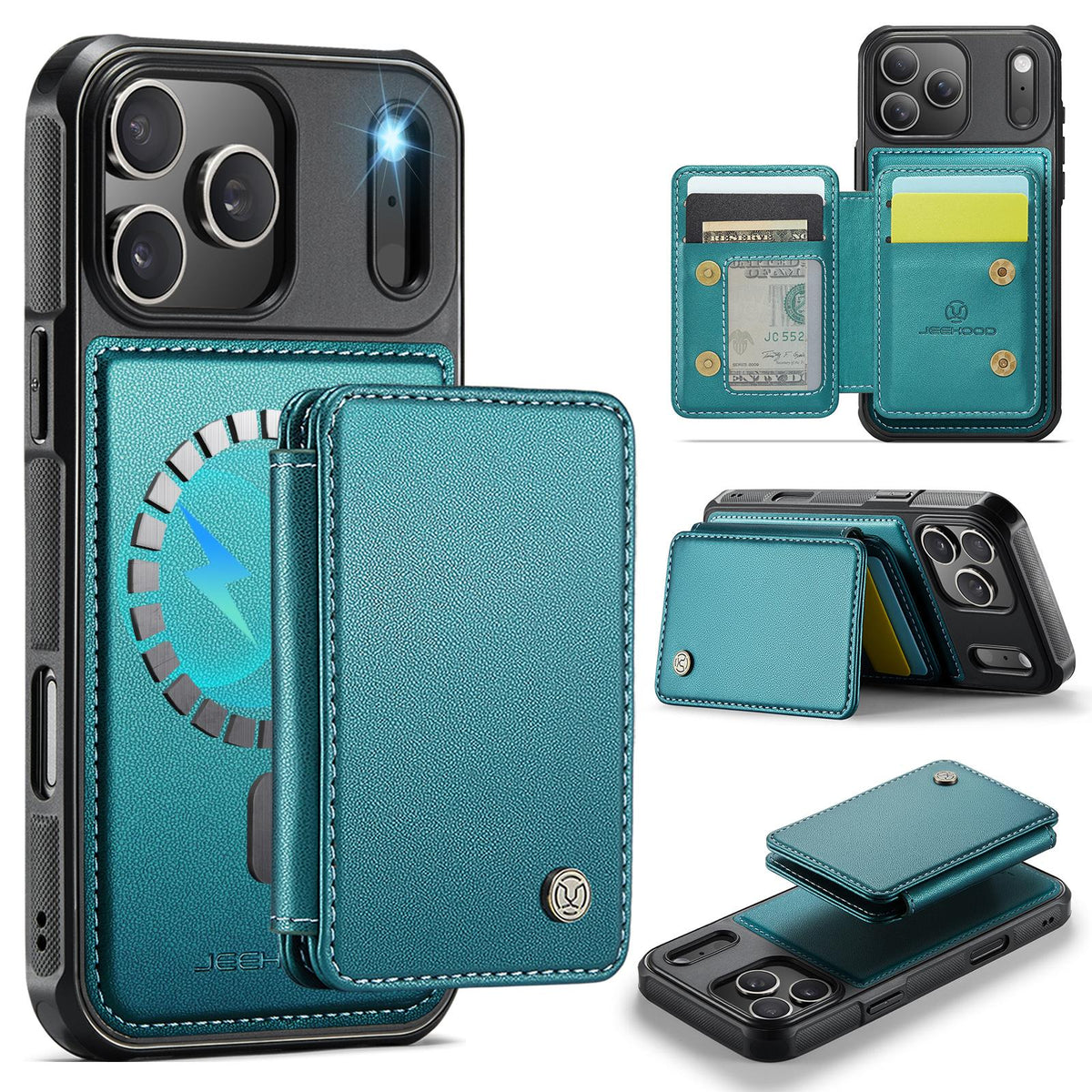 Compatible with iPhone 18 Pro Max JEEHOOD J05 Business Magnetic Style RFID Leather Phone Case - Blue Green
