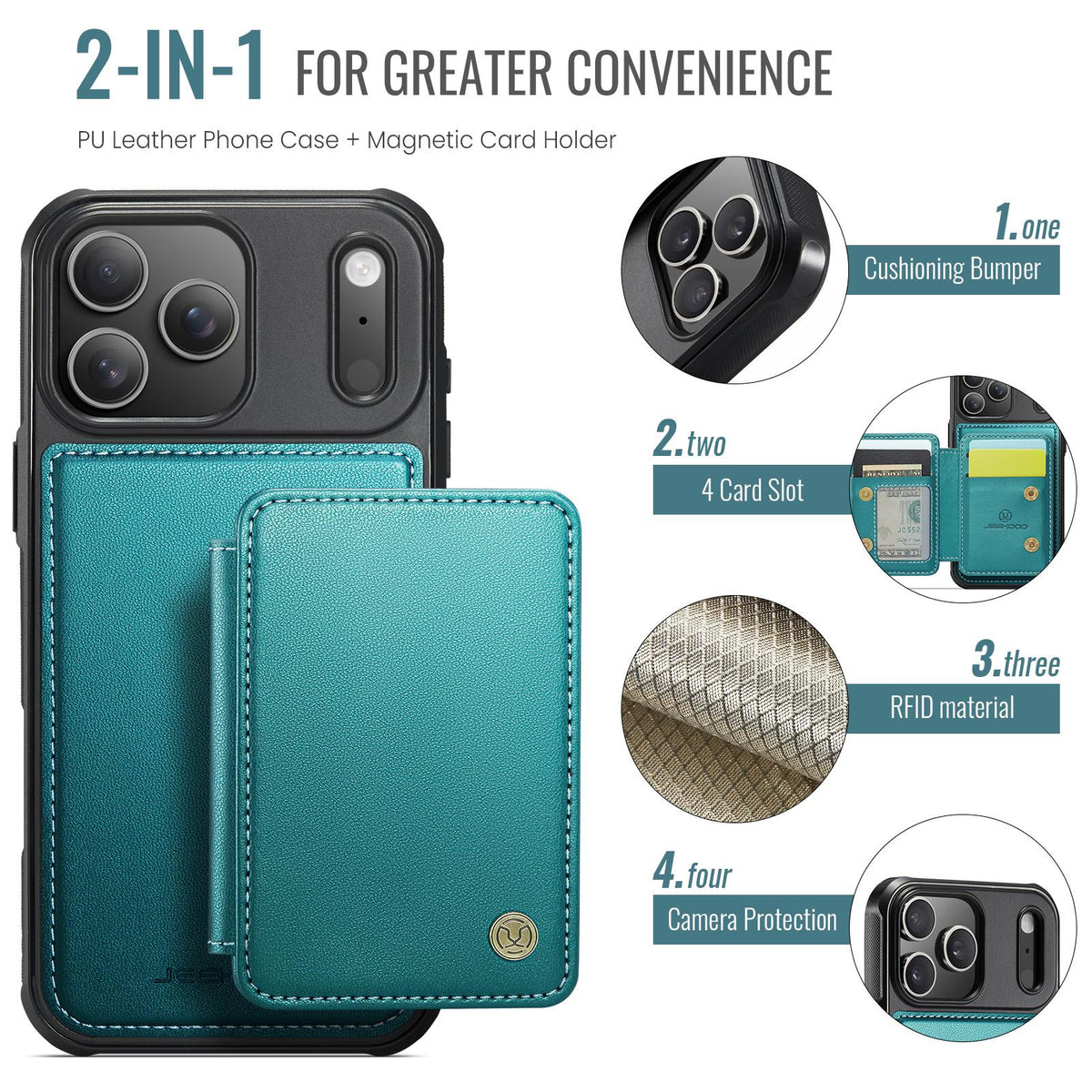 Compatible with iPhone 18 Pro Max JEEHOOD J05 Business Magnetic Style RFID Leather Phone Case - Blue Green