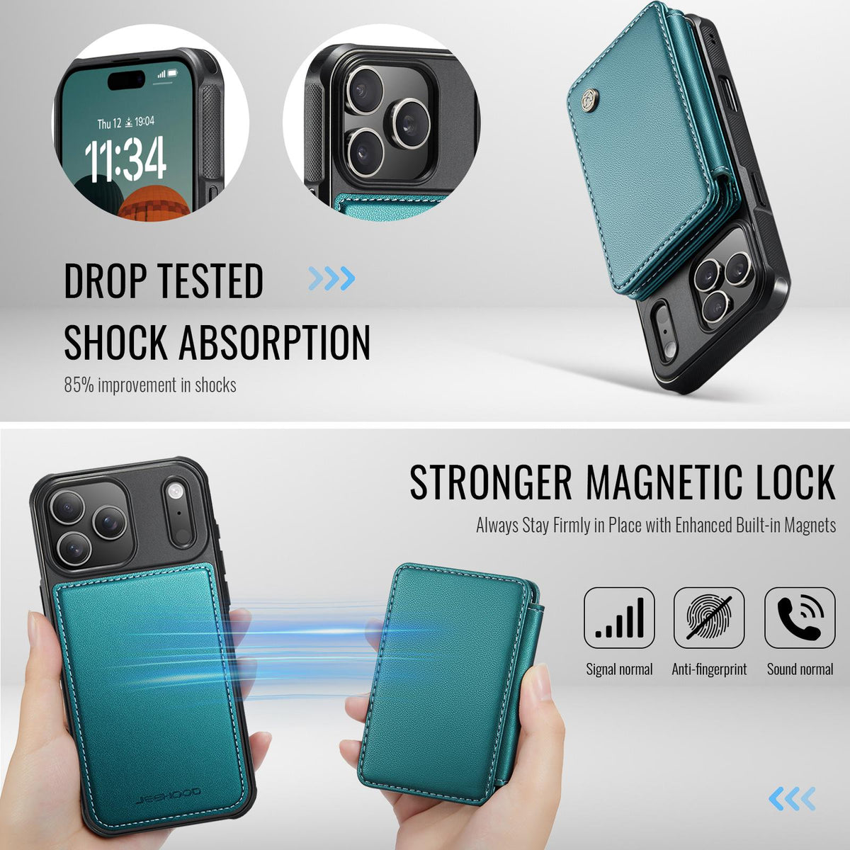 Compatible with iPhone 18 Pro Max JEEHOOD J05 Business Magnetic Style RFID Leather Phone Case - Blue Green