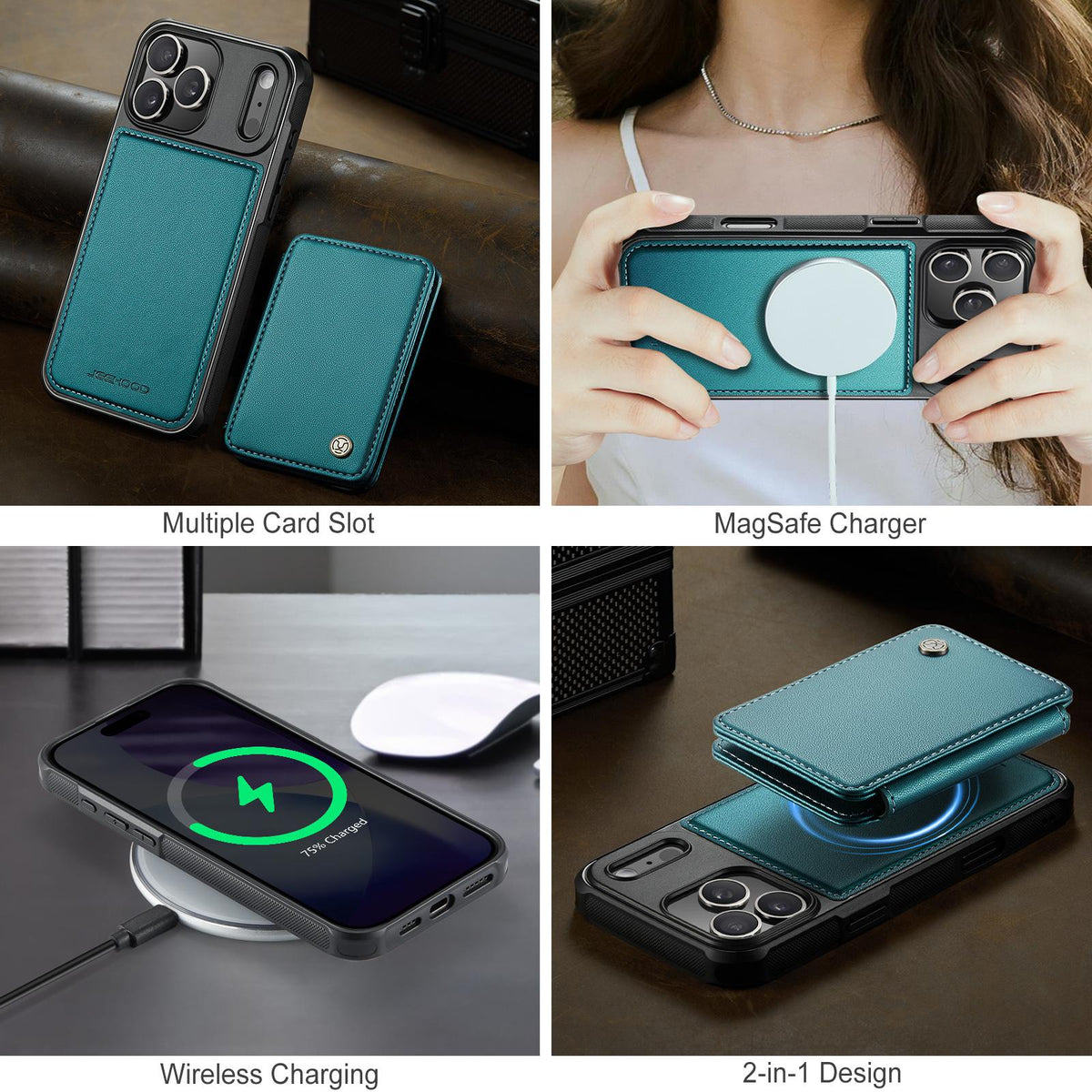 Compatible with iPhone 18 Pro Max JEEHOOD J05 Business Magnetic Style RFID Leather Phone Case - Blue Green